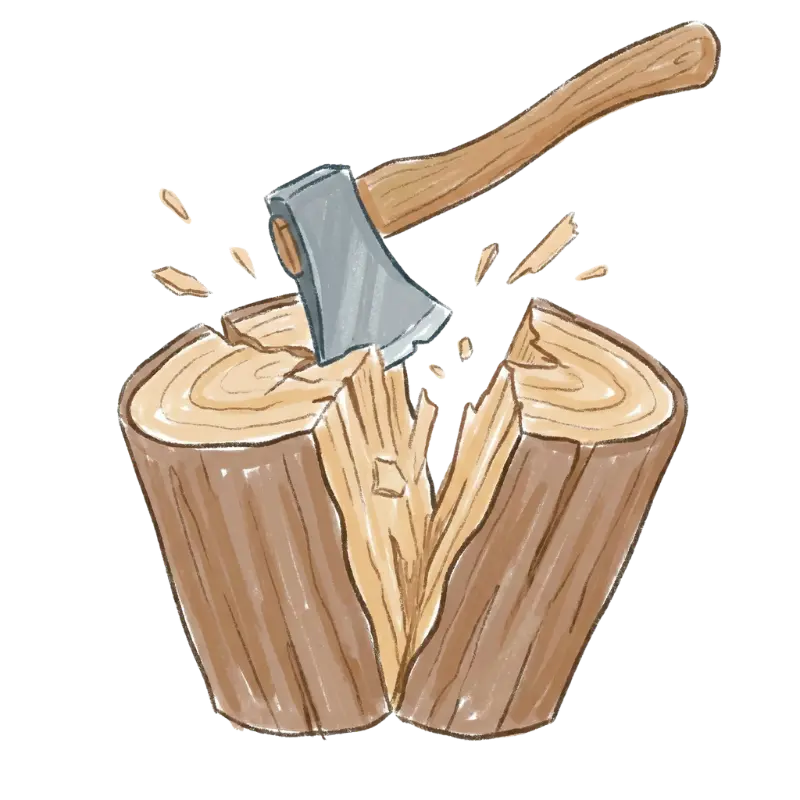 斧で丸太を薪割りしているイラスト
